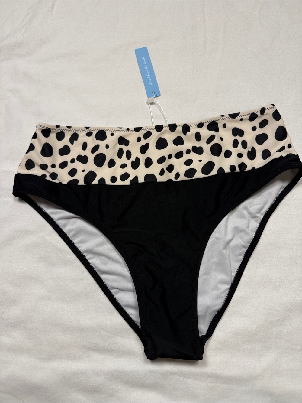 Cupshe Black High Waisted Bikini Bottom with White and Black Spot Waistband